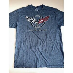 Corvette T Shirt Mens Sz L General Motors GM Tee Blue Gray Racing Flags Chevy